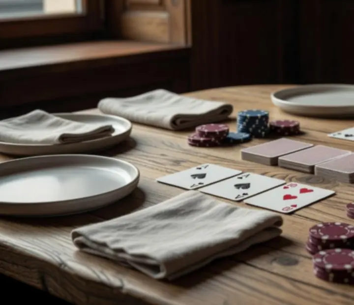 Detal dębowego stołu blackjack z kartami i żetonami w restauracji Czerwony Stół