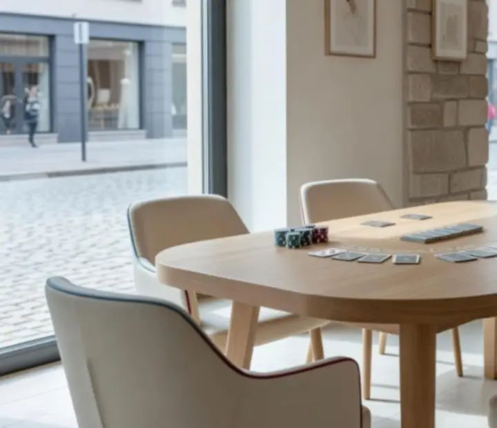 Dębowy stół blackjack w jasnej, skandynawskiej aranżacji restauracji Czerwony Stół