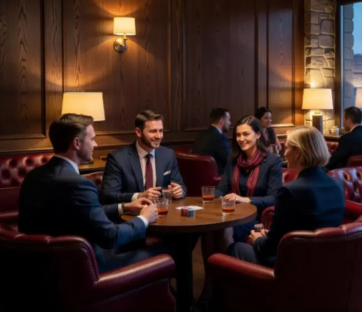 Goście rozmawiający w salonie pokerowym przy kieliszku wina