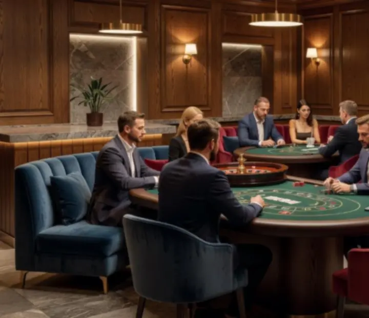 Kameralny salon Casino Lounge z pokerowym stołem, miękkimi fotelami i ciepłym oświetleniem