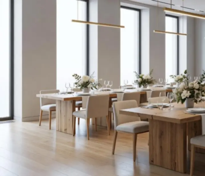 Wnętrze restauracji przearanżowane na prywatne wydarzenie z długim drewnianym stołem