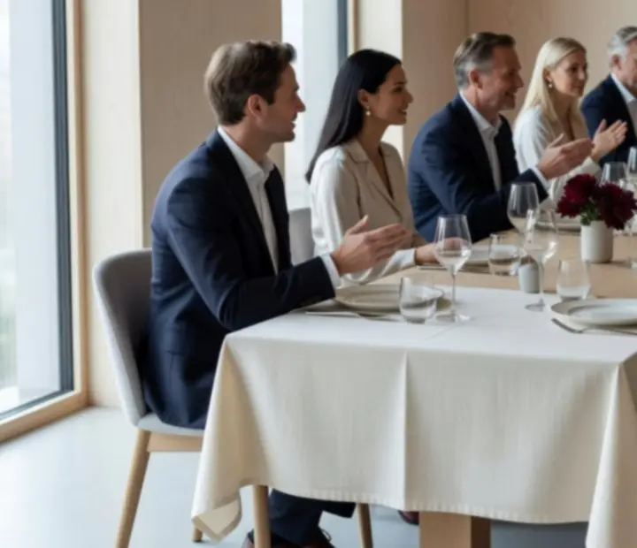 Elegancka prywatna kolacja w restauracji Czerwony Stół z jasnym wnętrzem i nakrytym stołem