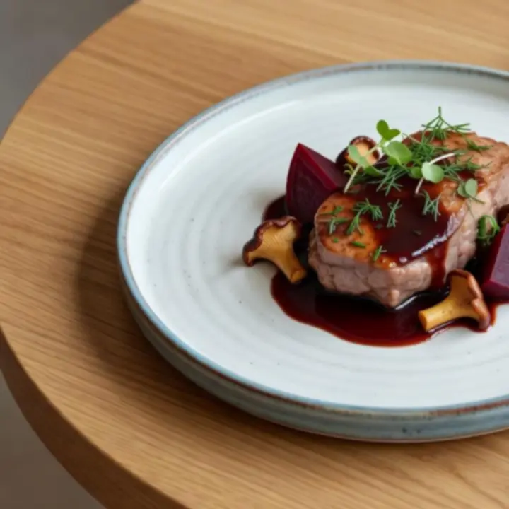 Popisowe dania restauracji CZERWONY STÓŁ ułożone na ceramicznych talerzach na dębowym stole.