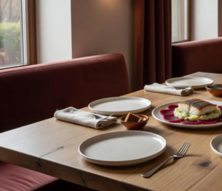 Nowoczesne danie na śmietankowej porcelanie, serwowane na dębowym stole w jasnej restauracji