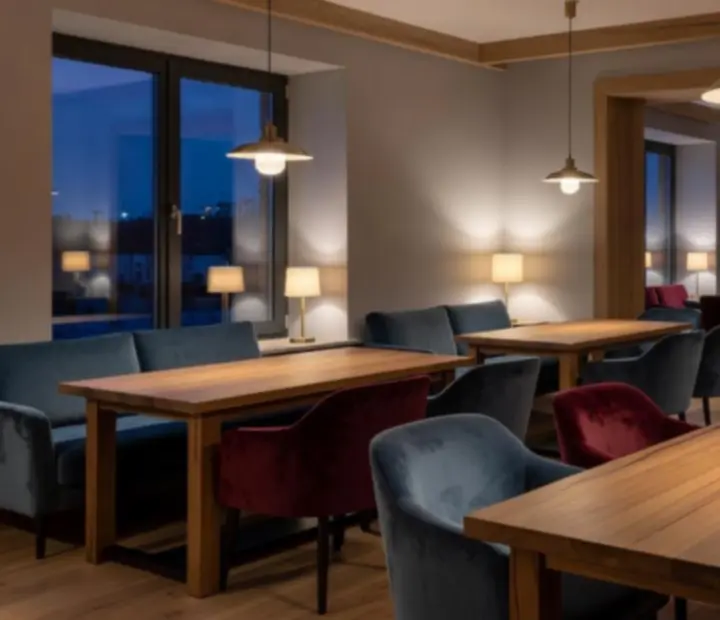 Jasny wieczorny Lounge z dębowymi stołami i miękkim światłem