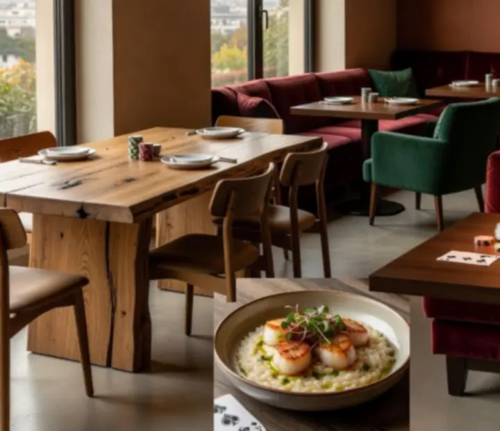 Wybór kadrów z restauracji, potraw i salonu kart