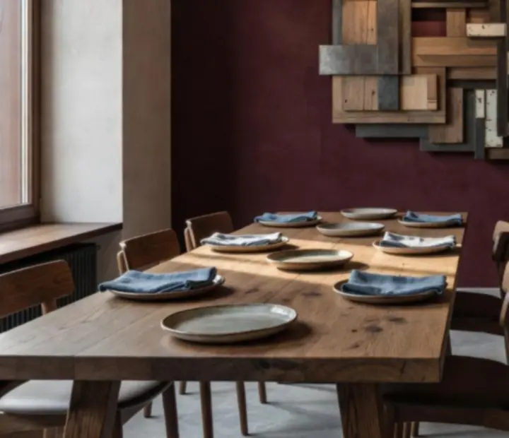 Naturalne materiały i modernistyczna architektura we wnętrzu restauracji: jasny dąb, kamień i duże okna.