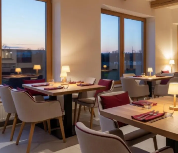 Dębowy stół w jasnej restauracji podczas przejścia w wieczorny klimat salonu kart