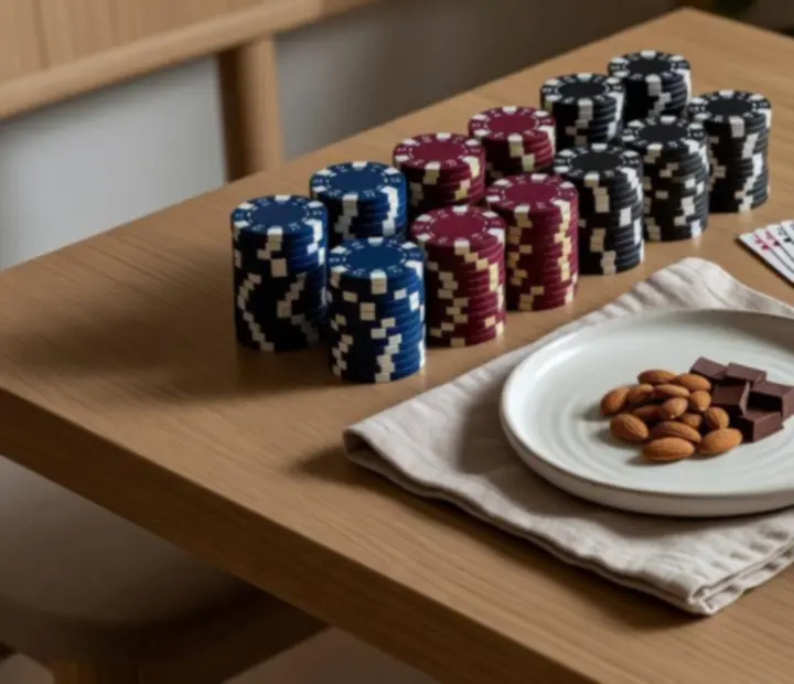 Zbliżenie na żetony i karty pokerowe na dębowym stole