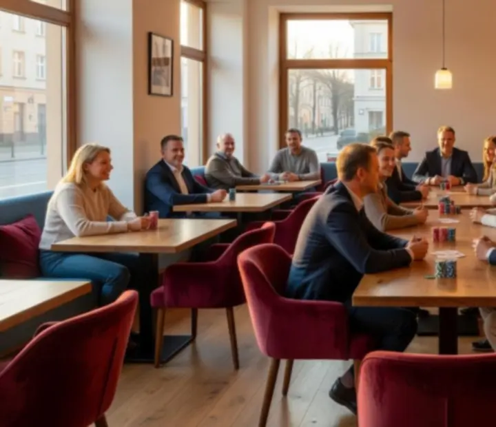 Elegancki poker salon z dębowym stołem i wygodnymi fotelami