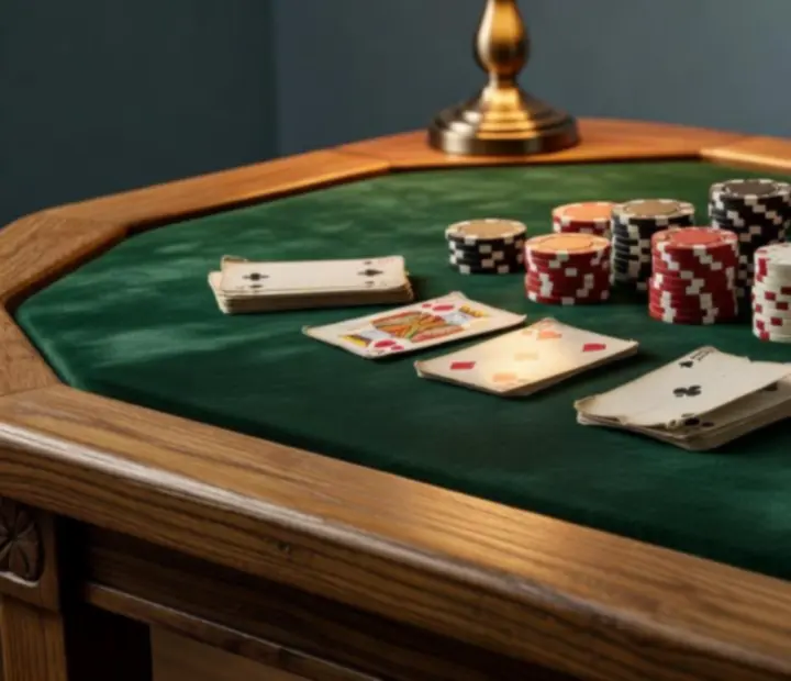 Zbliżenie na stół pokerowy z kartami i żetonami