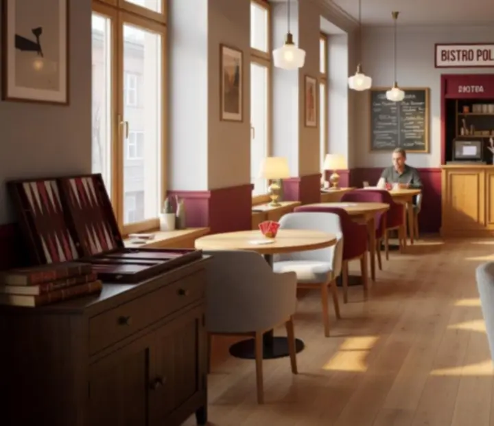 Wnętrze restauracji CZERWONY STÓŁ w ciągu dnia i wieczorem, jasne drewno dębowe, duże okna i miękkie oświetlenie.