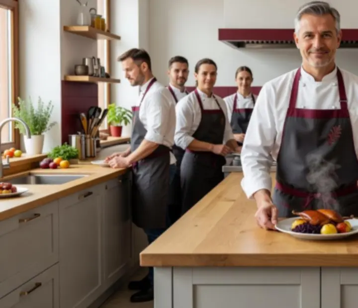 Szef kuchni CZERWONY STÓŁ wraz z zespołem w jasnej, nowoczesnej kuchni restauracyjnej.