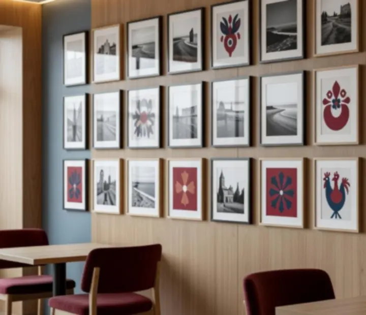 Ściana z grafikami i fotografiami polskich artystów