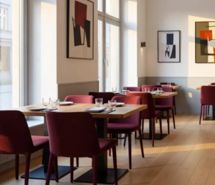 Jasne, skandynawskie wnętrze restauracji z dębowymi stołami i burgundowymi akcentami