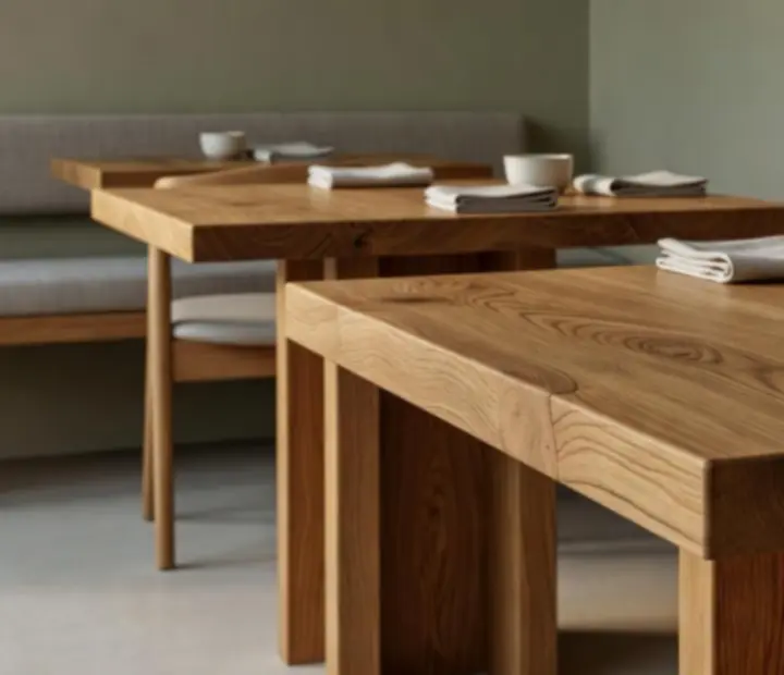 Stoły z naturalnego dębu w jasnym wnętrzu restauracji
